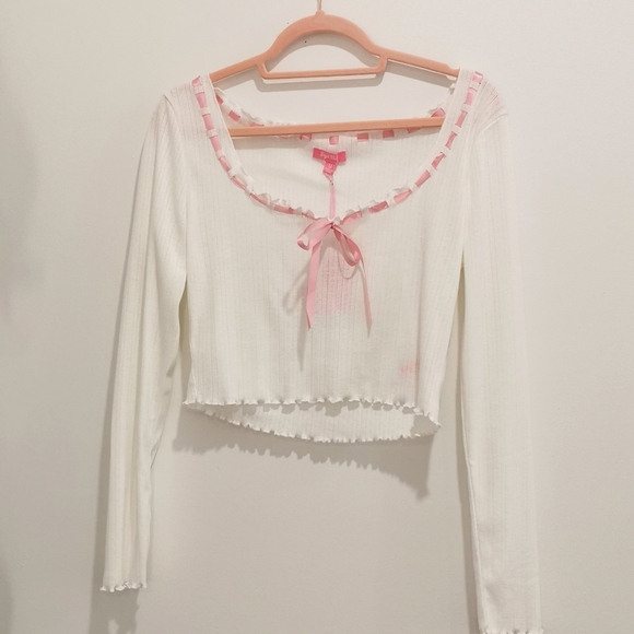 🌸 Pink Ribbon Pointelle Cropped Top 🌸 - Picture 1 of 4